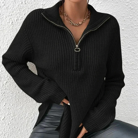 Black Casual Women's Half Zip Drop Shoulder Grain Sweater - Picture 1 of 7